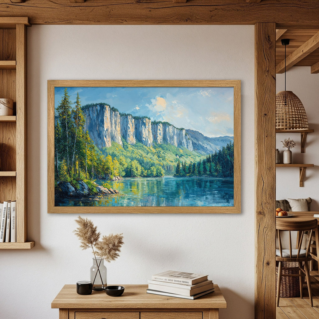 Framed Poster of a scenic landscape painting. Featuring a blue, green, and beige color palette. Perfect for home decor.