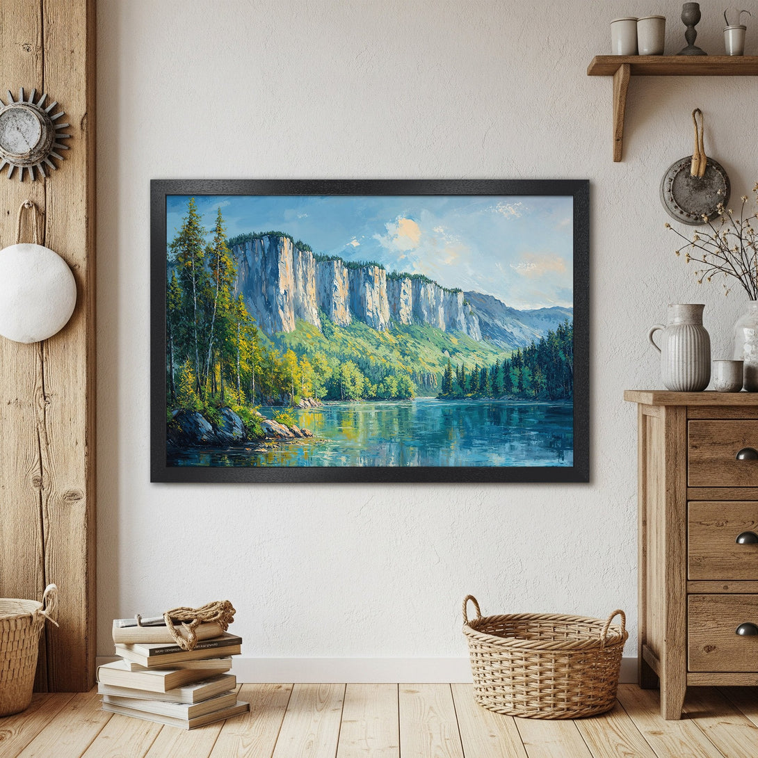 Framed Poster of a scenic landscape painting in a rustic style, featuring a blue and green color palette.