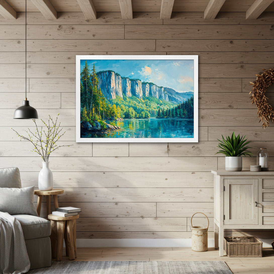 Framed Poster of a serene lake landscape in a painterly style, featuring blue, green, and white hues. Perfect wall art!