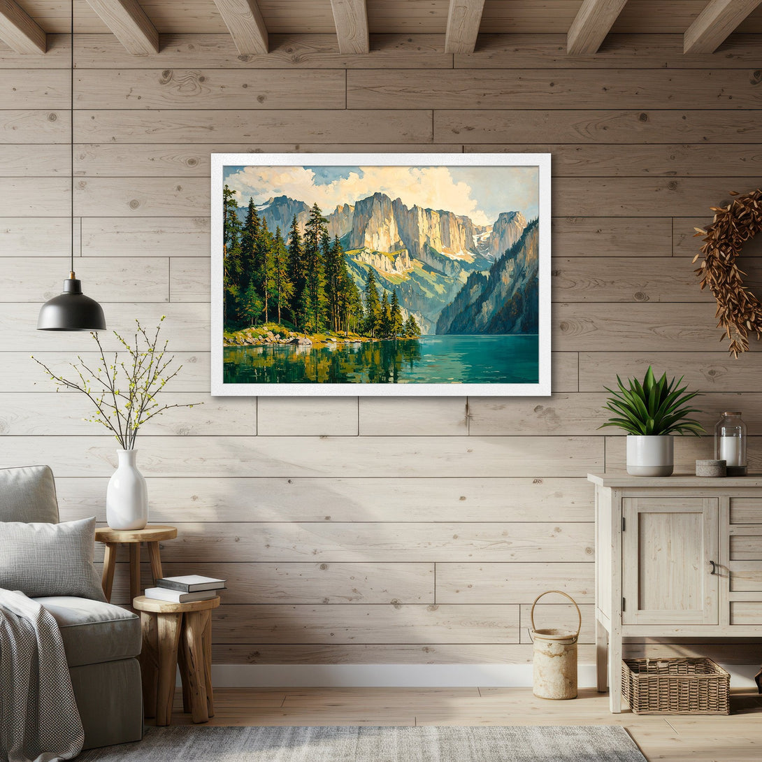 Framed Poster of a serene mountain lake landscape, painted in a classic style with a calming blue and green color palette.