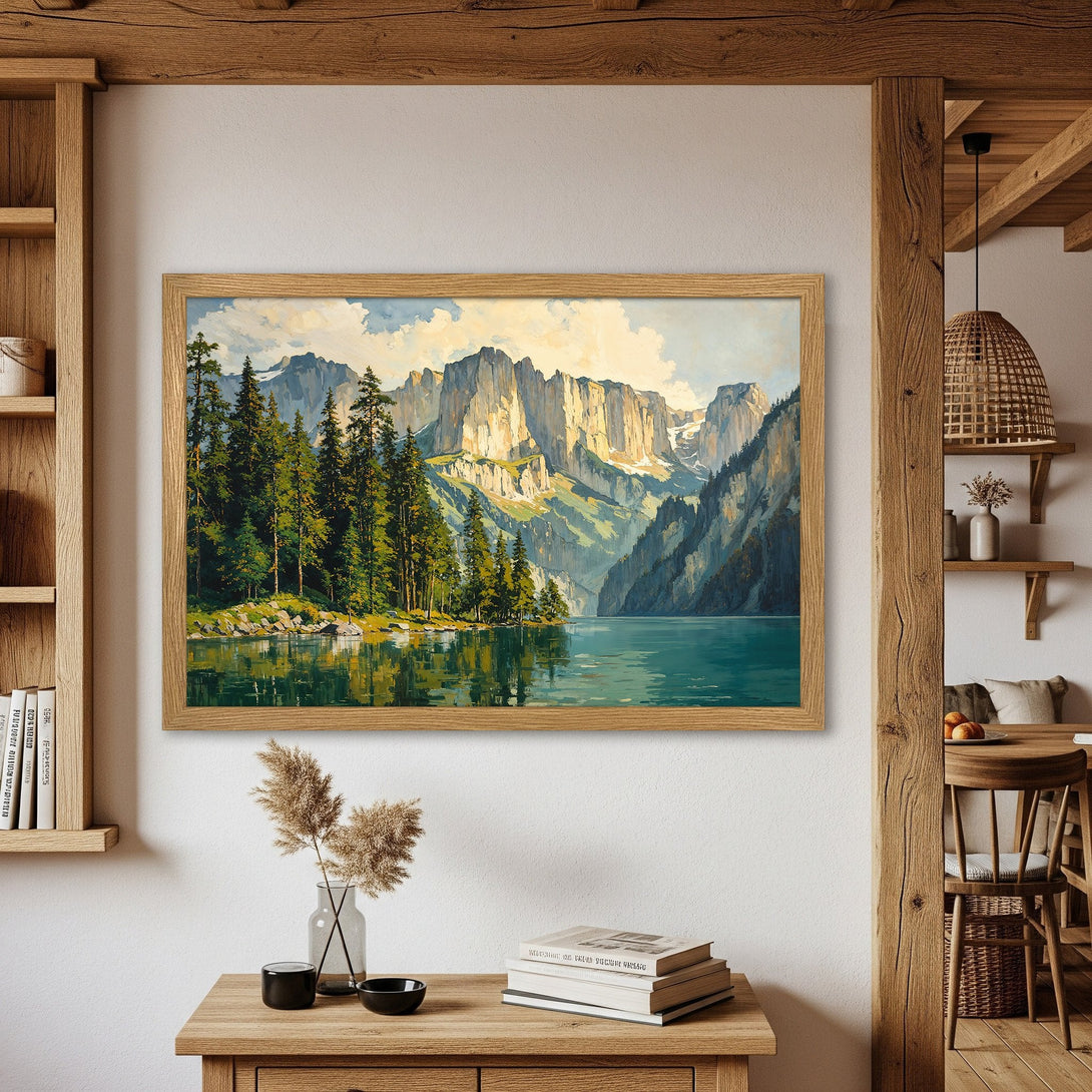 Framed Poster of a serene mountain lake landscape in a classic painting style. Calm teal and green tones create a peaceful ambiance.