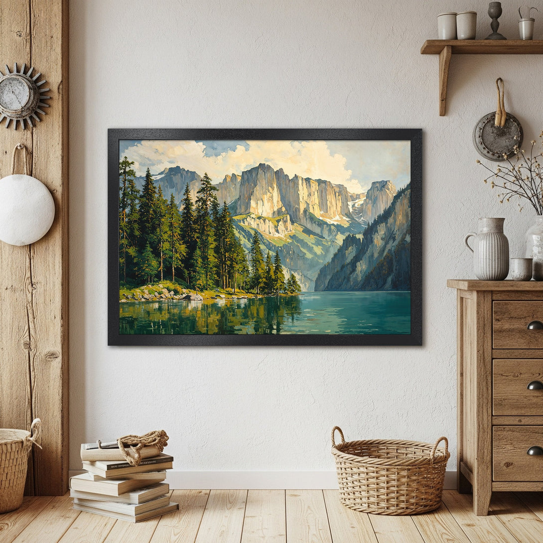 Framed Poster featuring a serene mountain lake landscape in a painterly style with a calming blue, green, and gold color palette.