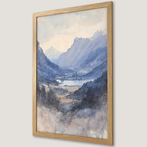 Framed Poster of a watercolor mountain landscape in blue and beige tones. Perfect wall art for a serene home.