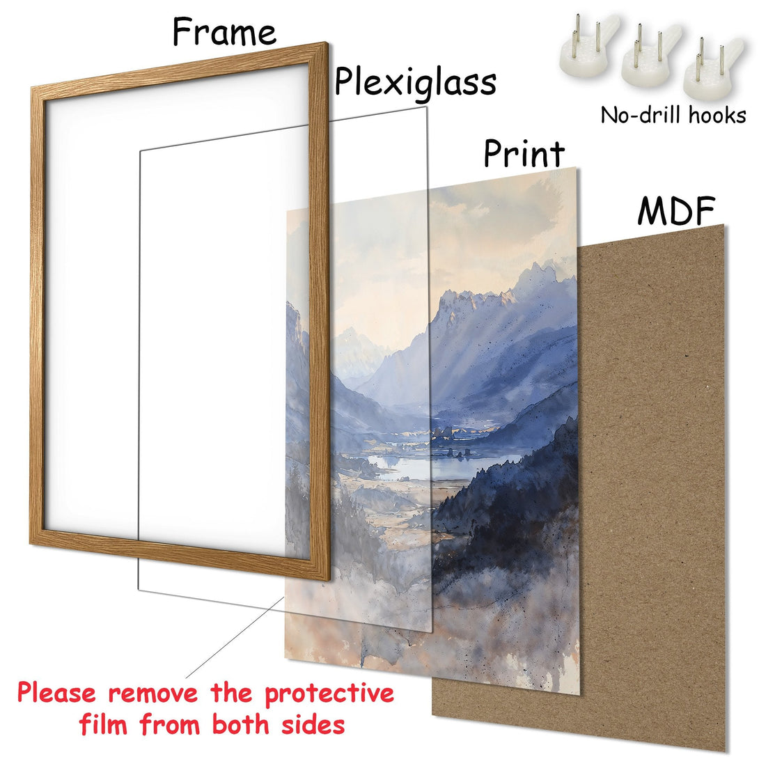 Framed Poster featuring a watercolor landscape print in blue and beige tones. Add art to your walls!