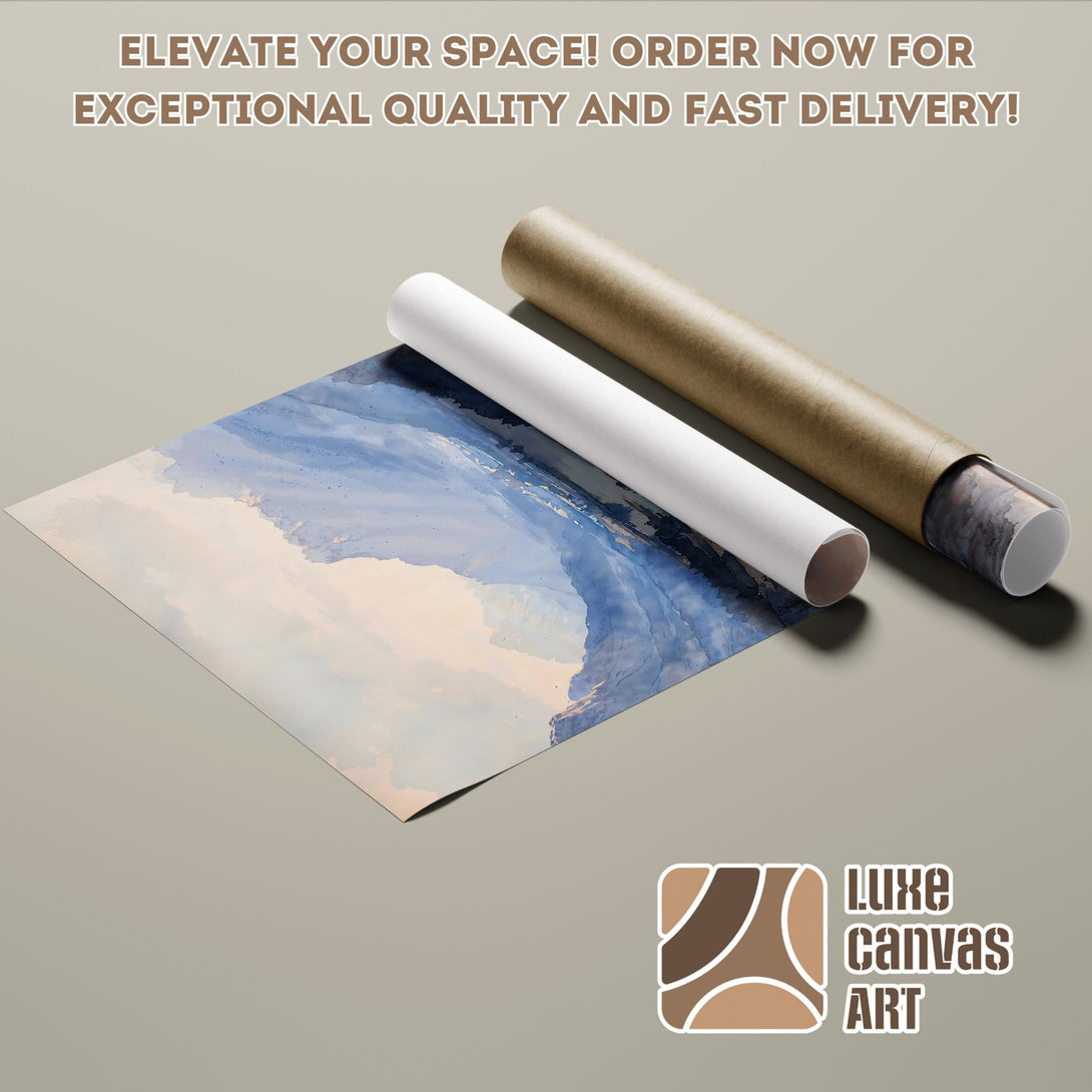 Poster Roll featuring an abstract watercolor landscape in blue and beige tones. Elevate your space with art!