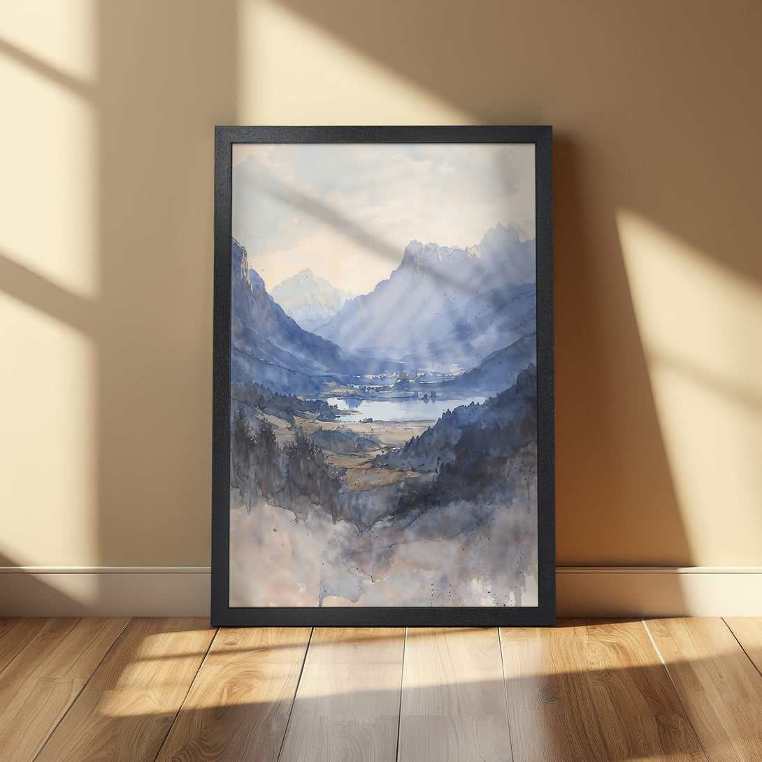 Framed Poster of a serene mountain landscape in watercolor style, featuring a cool blue and gray color palette. Perfect wall art.