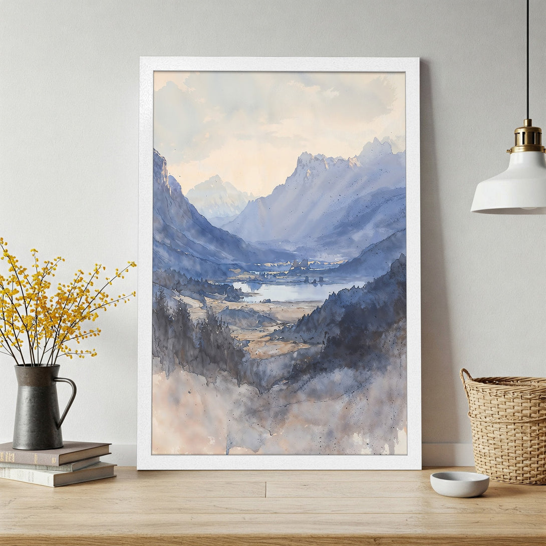 Framed Poster of a watercolor landscape painting with blue and neutral tones. Perfect wall art for a calming home.