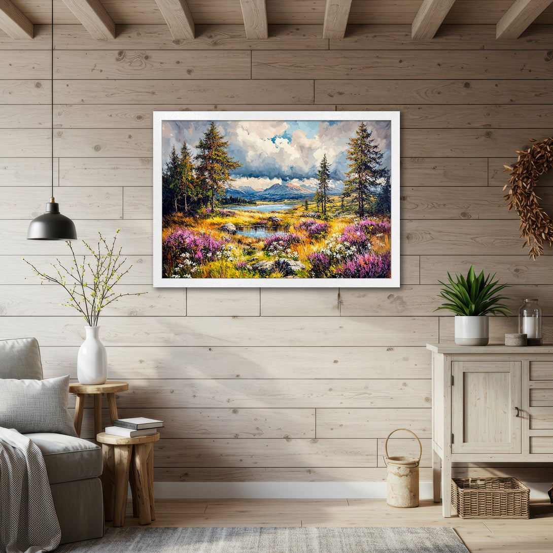 Framed Poster of a vibrant landscape painting with a colorful meadow, mountains, and trees. Impressionistic style, warm color palette.