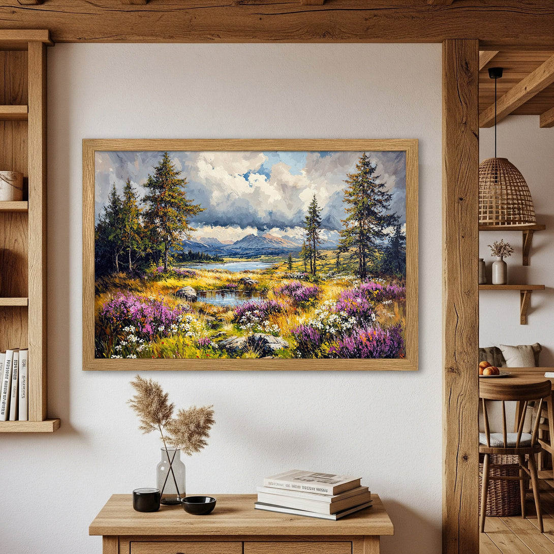 Framed Poster: Landscape art print with vibrant colors and impressionist style. Featuring a serene nature scene with purple flowers and trees.