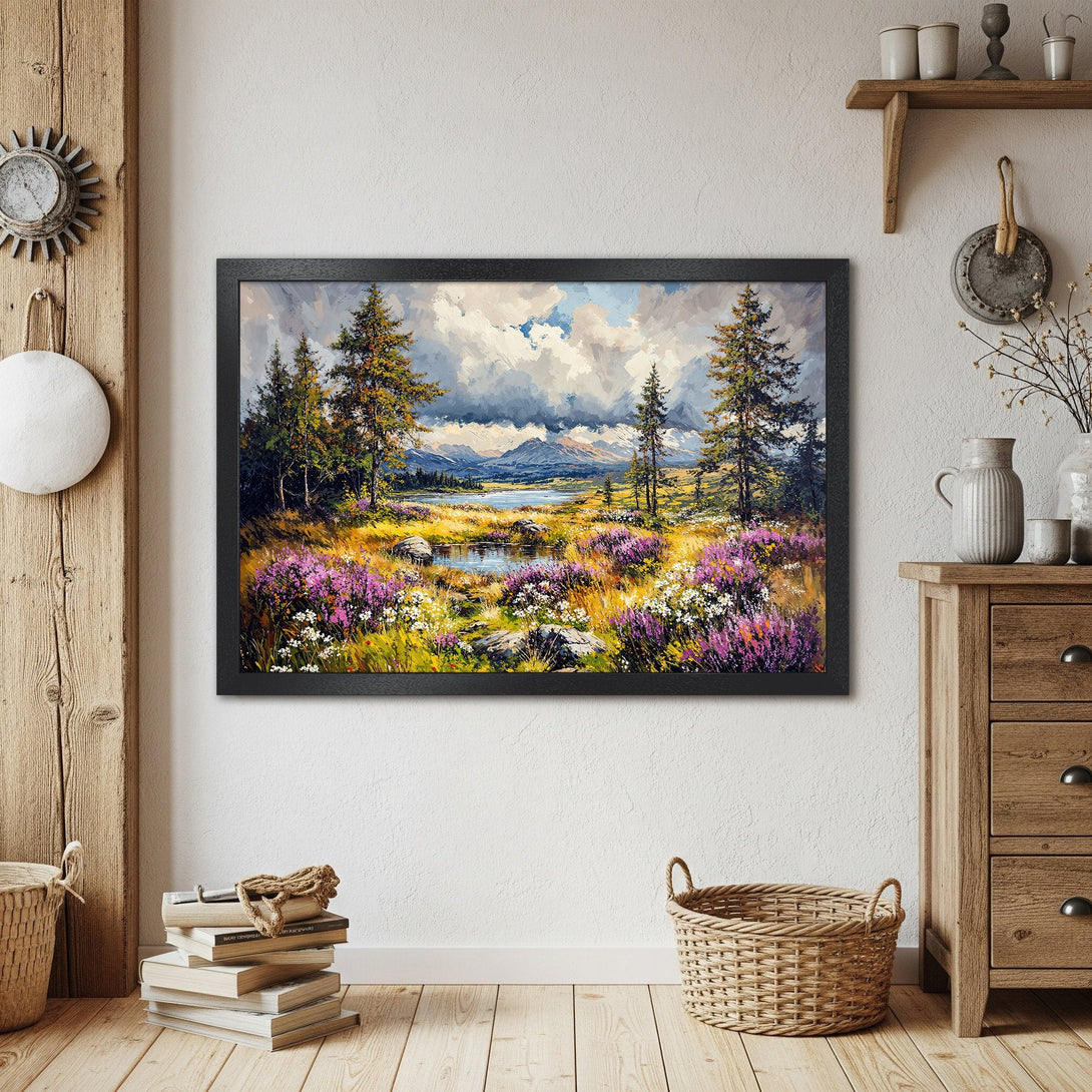 Framed Poster of a vibrant landscape painting with a warm color palette. Perfect wall art for any home decor.
