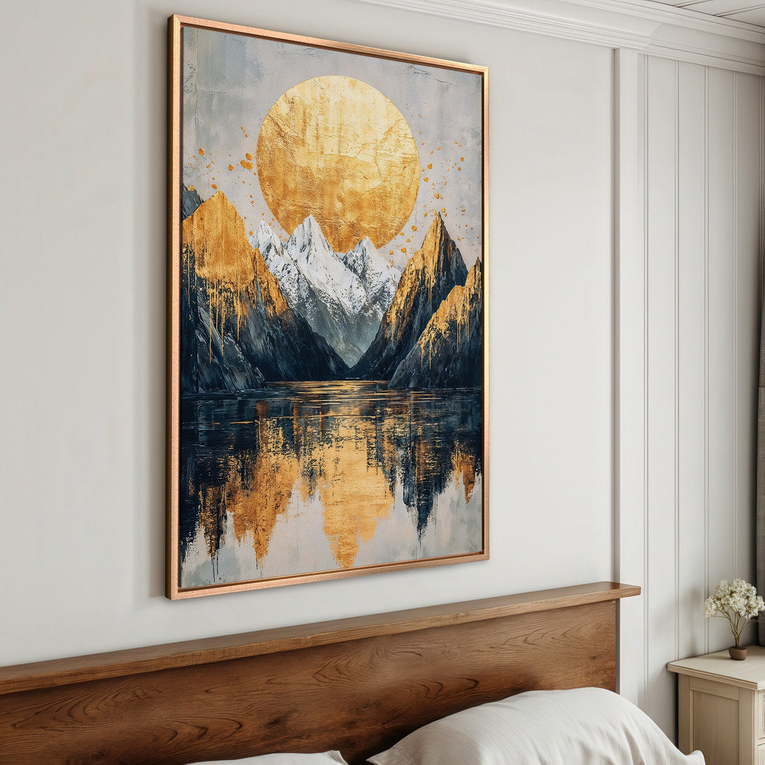 Framed Wall Art: Abstract mountain landscape in gold and navy. Modern canvas print with a serene, reflective design, perfect for any interior.