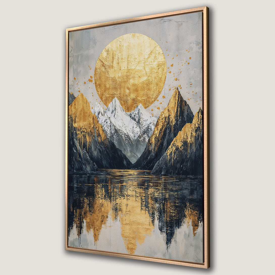 Framed Wall Art: Abstract mountain landscape Canvas Print with gold, gray, and navy color palette. Modern art for home decor.