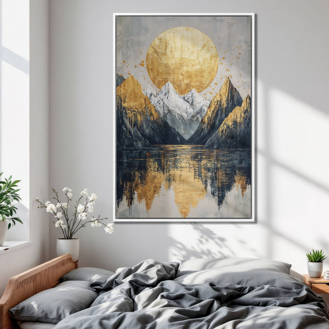 Framed Wall Art featuring a stunning mountain landscape with a golden sun, in a modern, abstract style. The color palette includes gold, gray, and white.