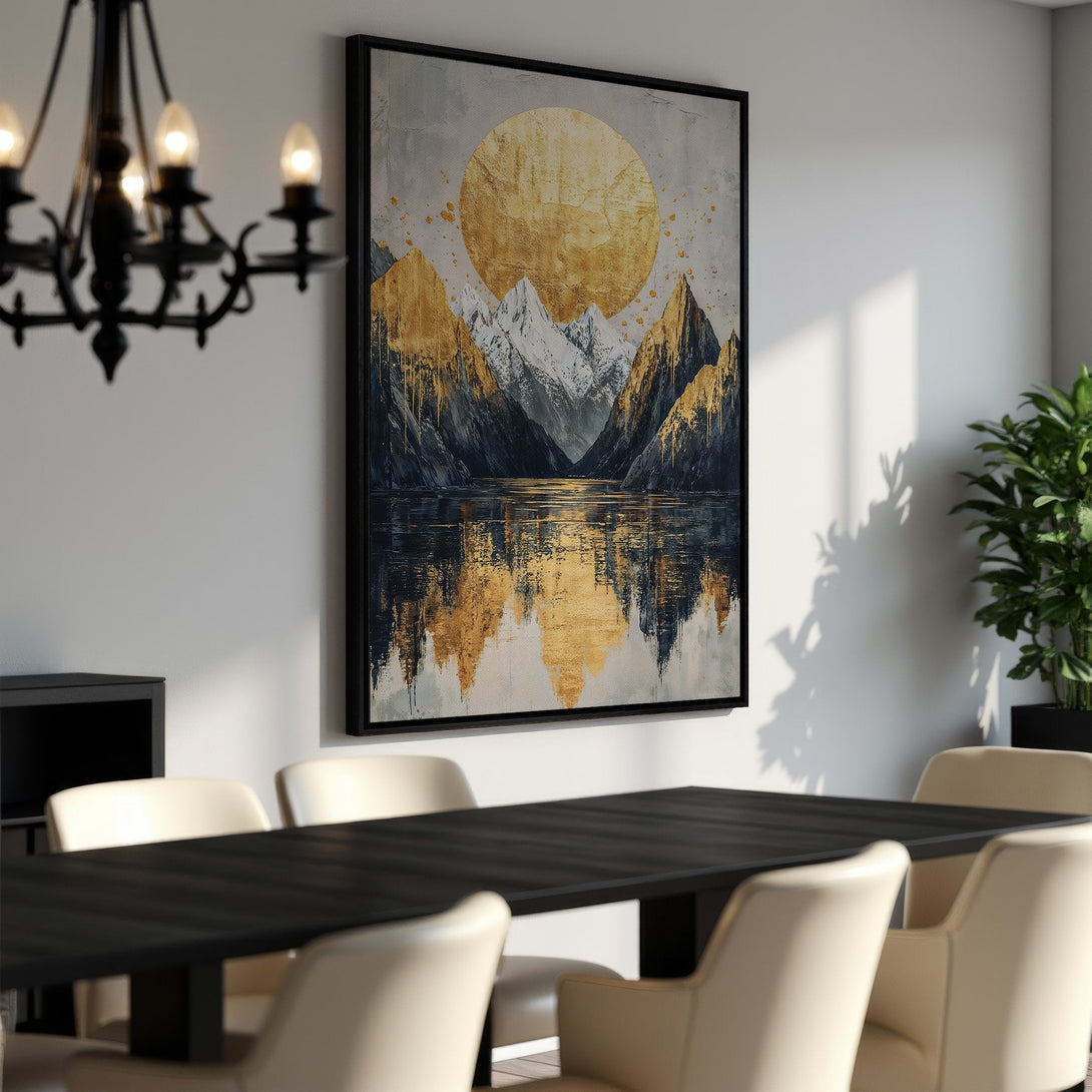 Framed Wall Art featuring a stunning mountain landscape with a gold and gray color palette. Modern art perfect for dining room decor.