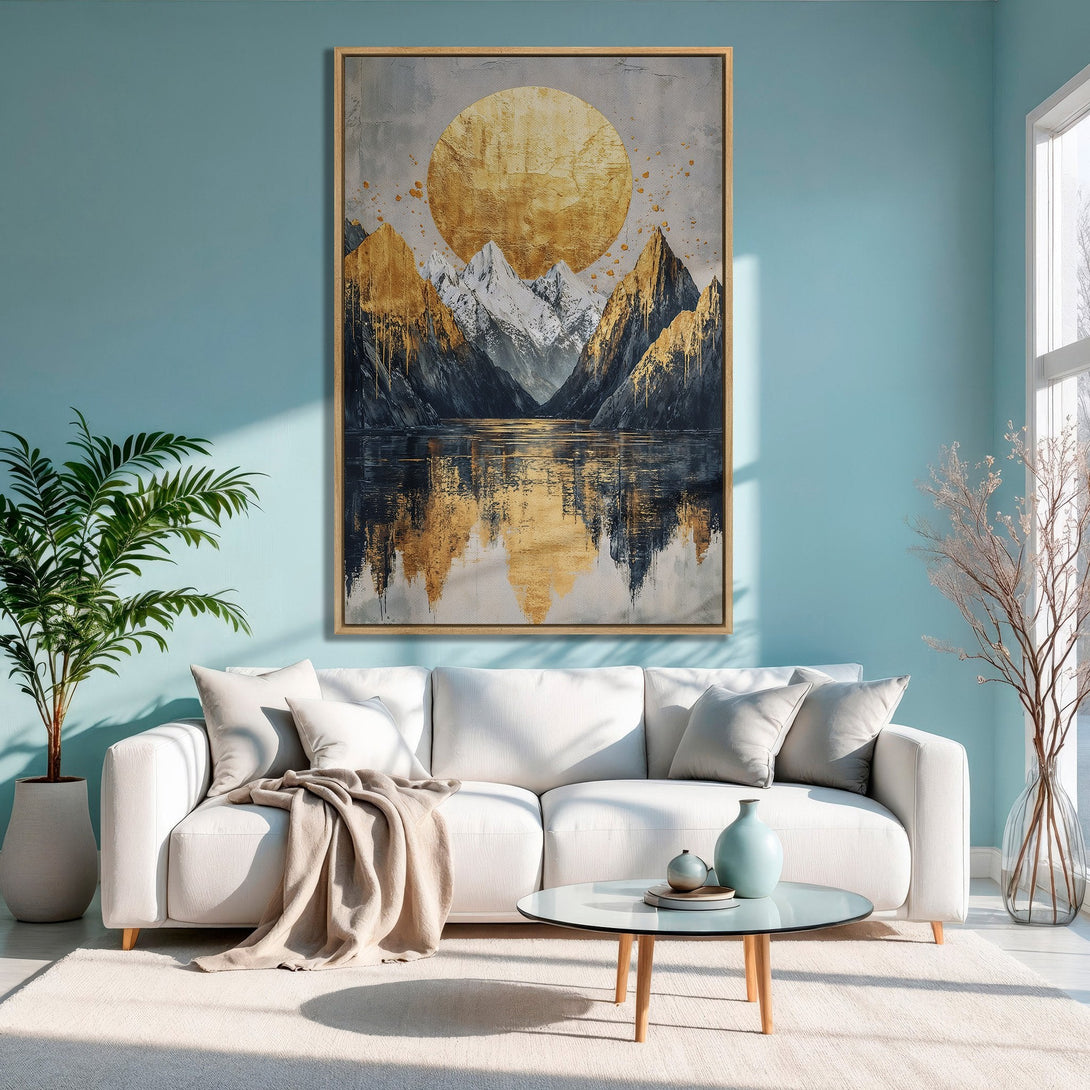 Framed Wall Art: Abstract mountain landscape in gold, gray, and navy. Modern art Canvas Print adds a touch of elegance to any home decor.