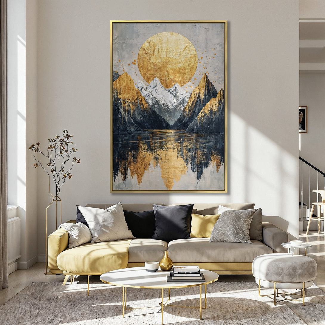 Abstract mountain Canvas Print in gold, gray, and navy tones. Modern artwork for a stylish interior. Perfect wall decor!