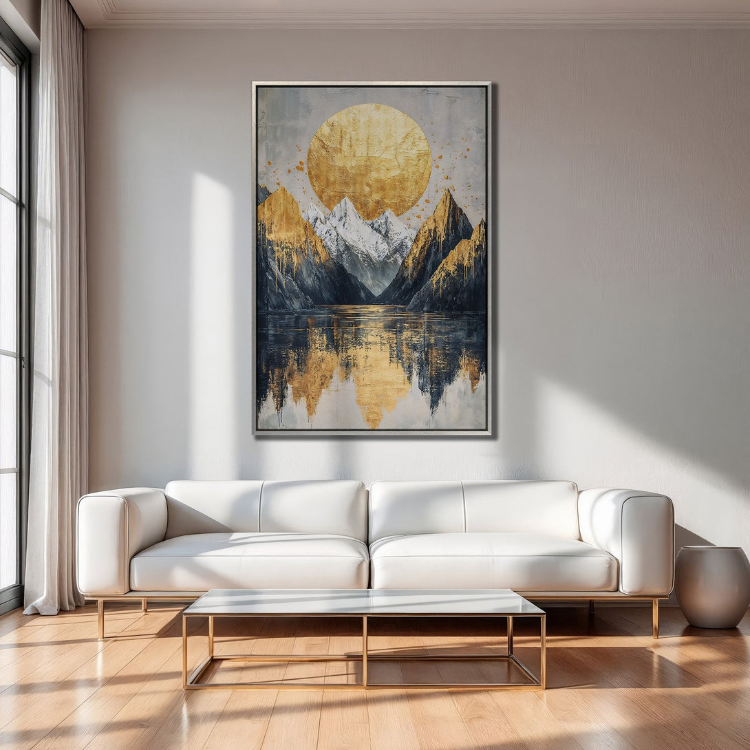 Framed Wall Art: Abstract mountain landscape with gold, gray, and blue tones. Modern Canvas Print adds elegance to any living room.