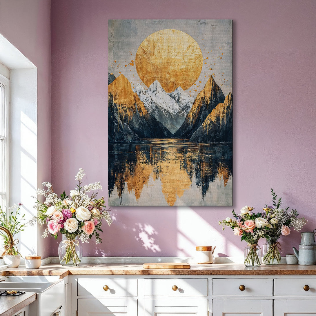 Framed Wall Art featuring abstract mountain landscape with gold and blue tones. Modern art print perfect for living room decor.