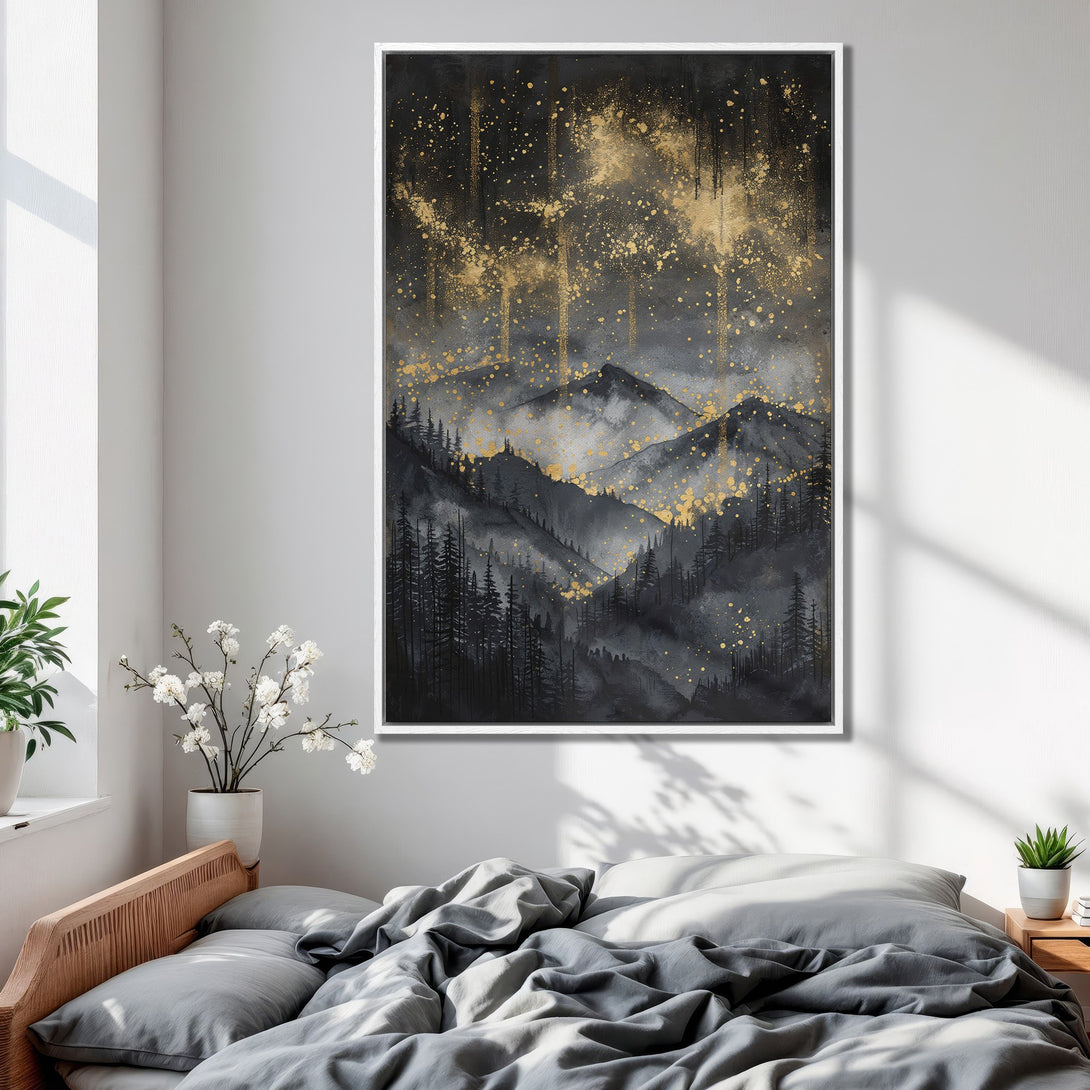 Framed Wall Art: Abstract mountain landscape in black, gray, and gold. Modern art canvas print adds a touch of elegance to any bedroom decor.