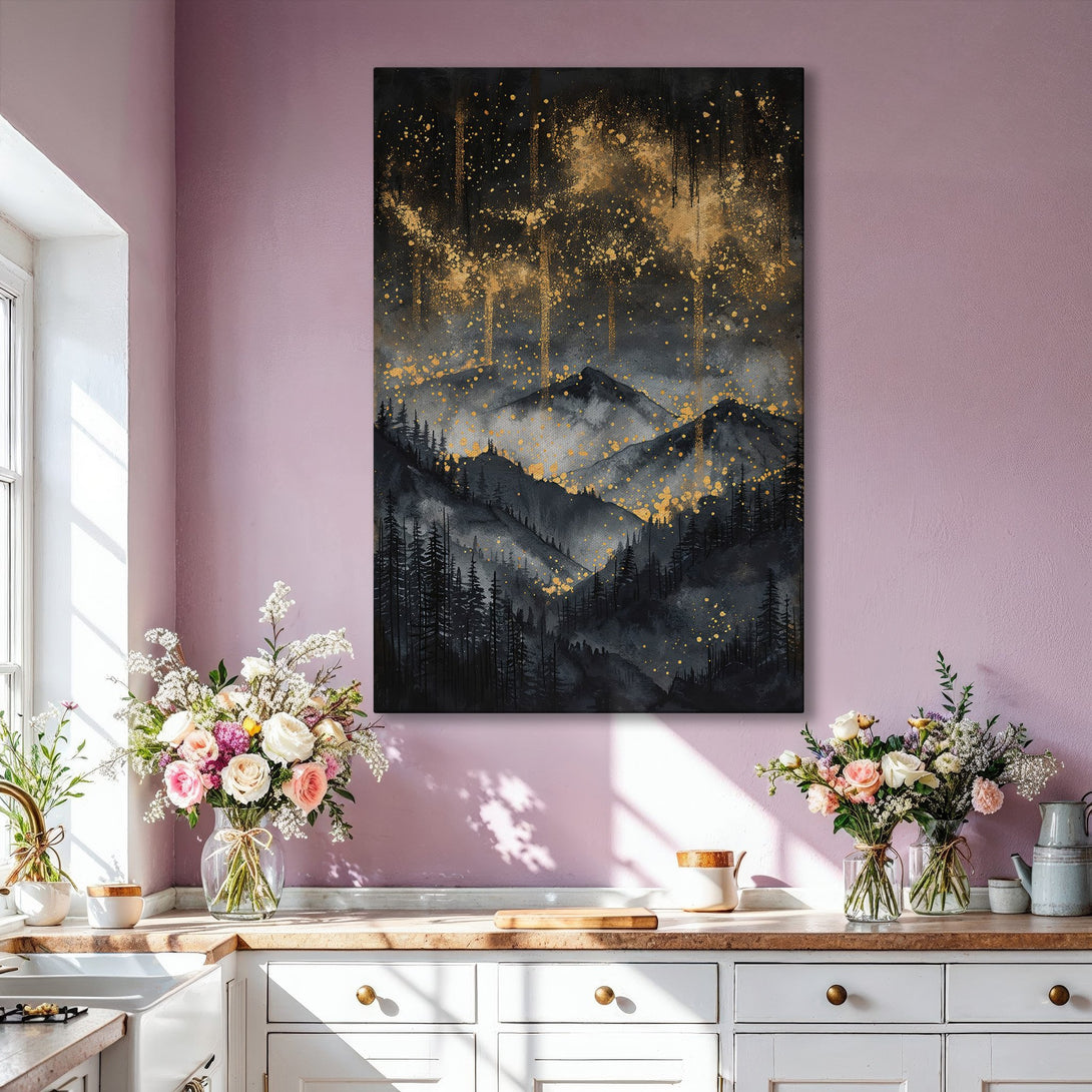 Framed Wall Art: Abstract mountain landscape in black, gray, and gold. Modern art canvas print adds a touch of elegance to any interior.