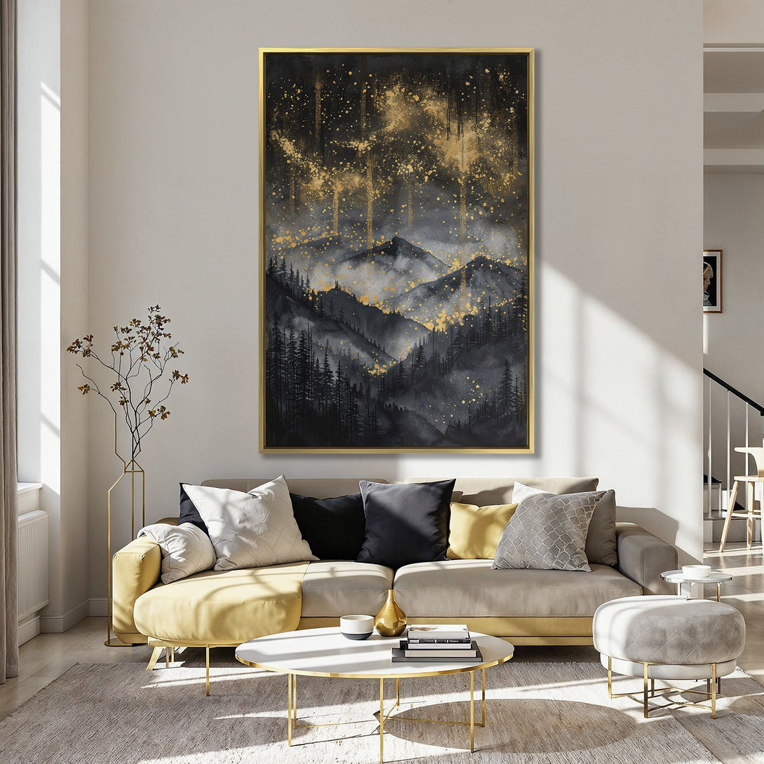 Canvas Print of a mountain landscape in black, gold, and gray tones. Modern art style, perfect for adding a touch of elegance to any room.