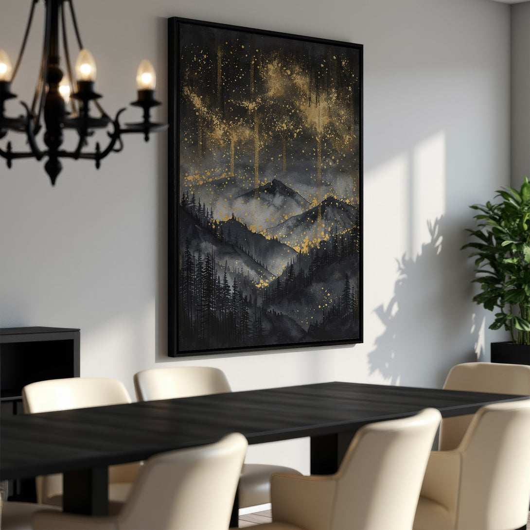Framed Wall Art: Abstract mountain landscape canvas print in black and gold. Modern art for dining room decor. Elevate your space!