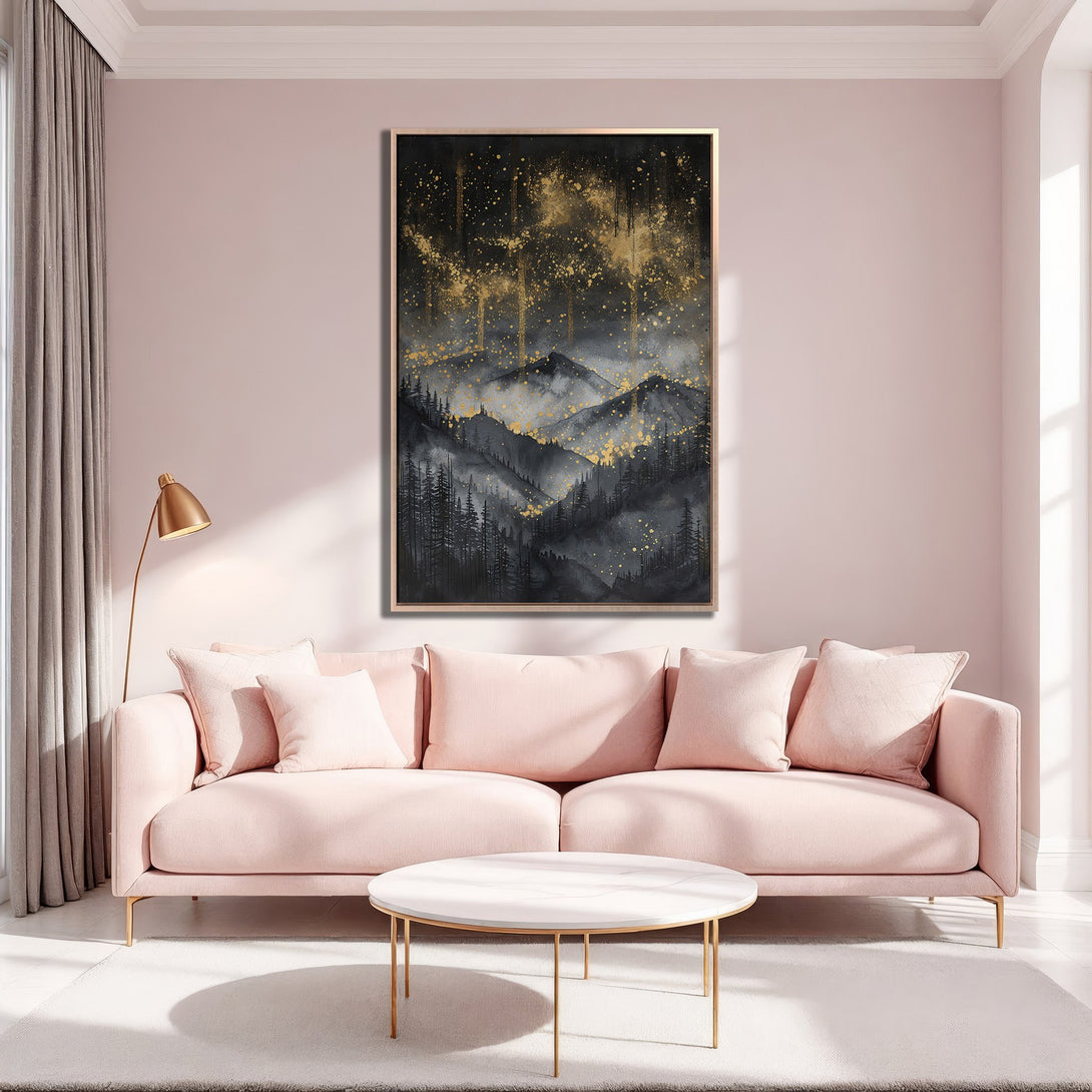 Framed Wall Art: Abstract mountain scene in black and gold, displayed in a modern living room with a pink and gold color palette. Elevate your space!