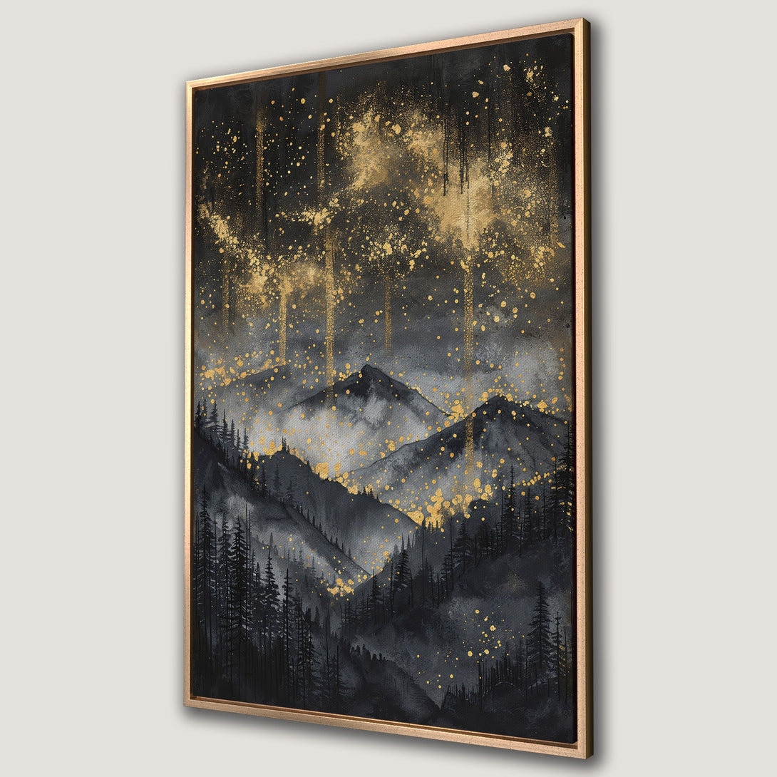 Framed Wall Art featuring a dark, moody mountain landscape with gold accents. Stunning abstract style in a black, gray, and gold color palette. Perfect for modern decor.