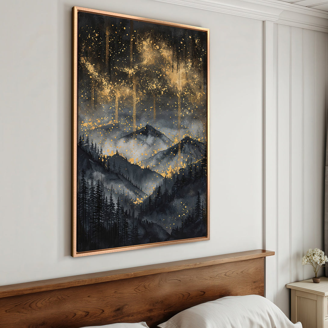 Framed Wall Art: Abstract mountain landscape in black, gray, and gold. Modern art print for bedroom decor. Enhance your space with this stunning canvas print.