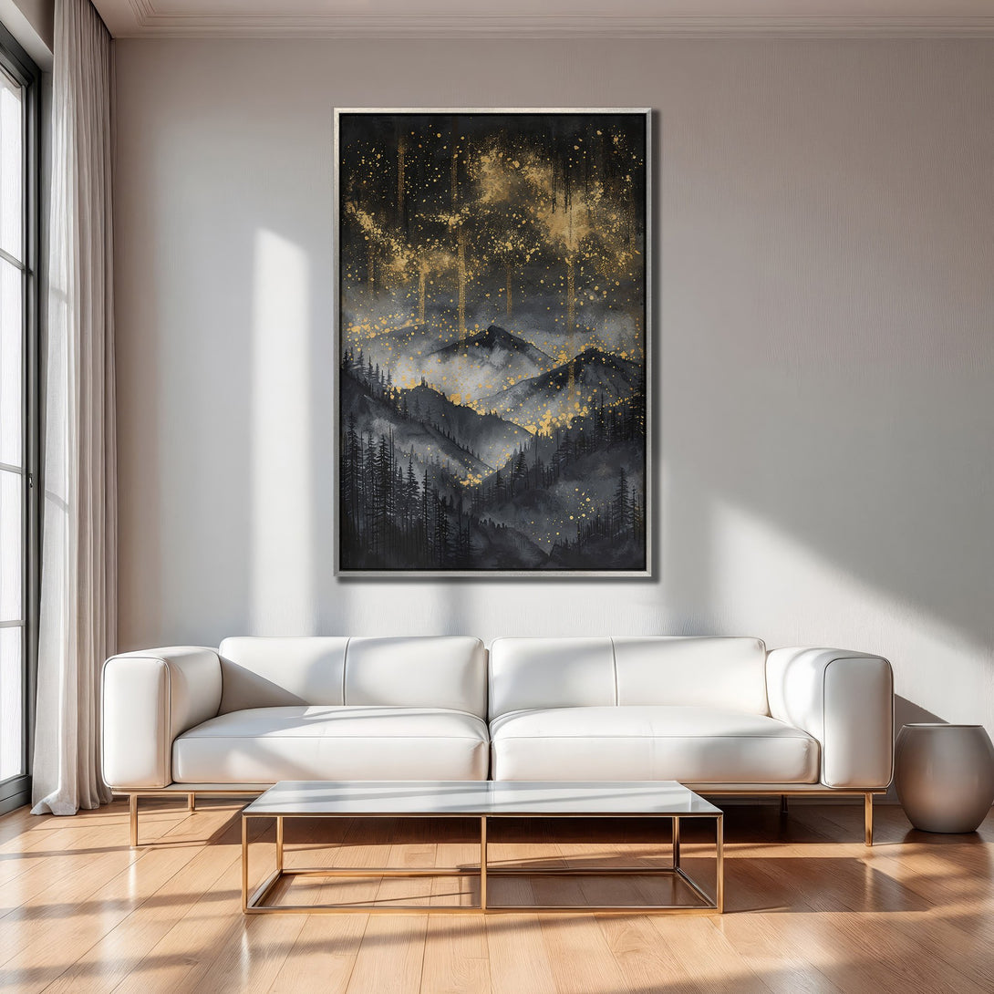 Framed Wall Art: Abstract mountain scene in black, gold, and gray. Modern art canvas print for living room decor.