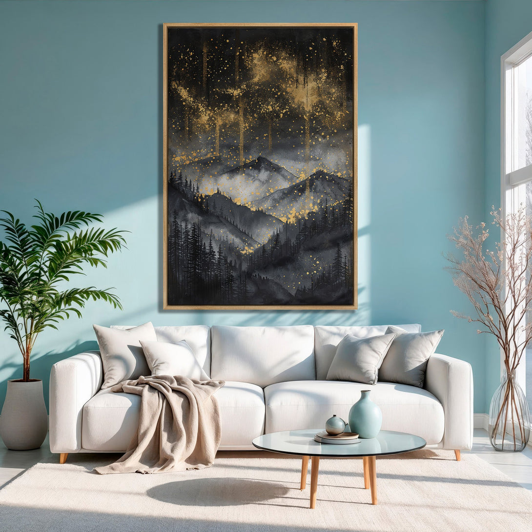 Framed Wall Art featuring a mountain landscape in black, gold, and gray tones. Modern, abstract style with a touch of elegance.