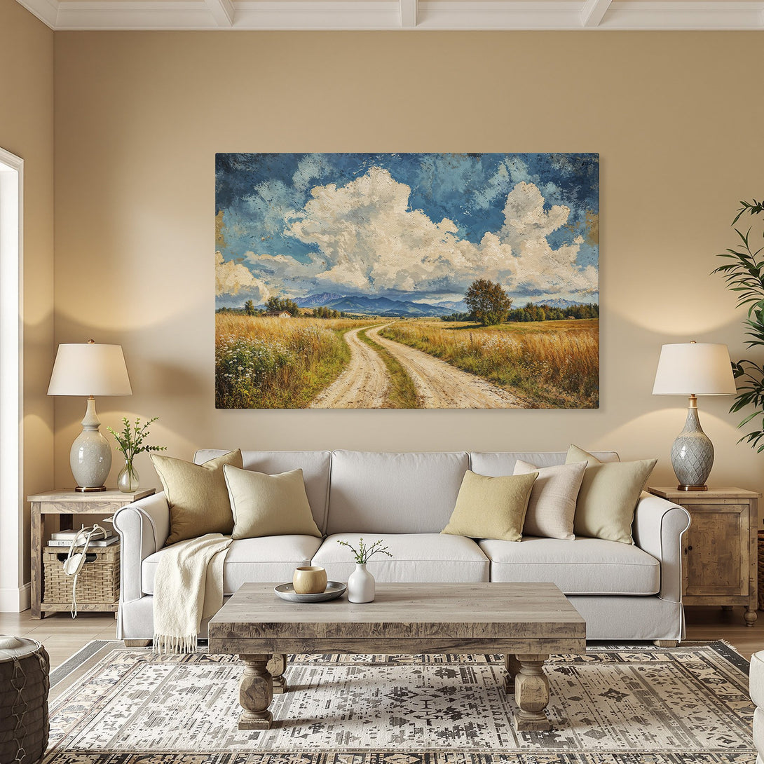 Framed Wall Art: Landscape Canvas Print with blue sky & golden fields. Perfect for home decor, featuring a warm, inviting color palette.