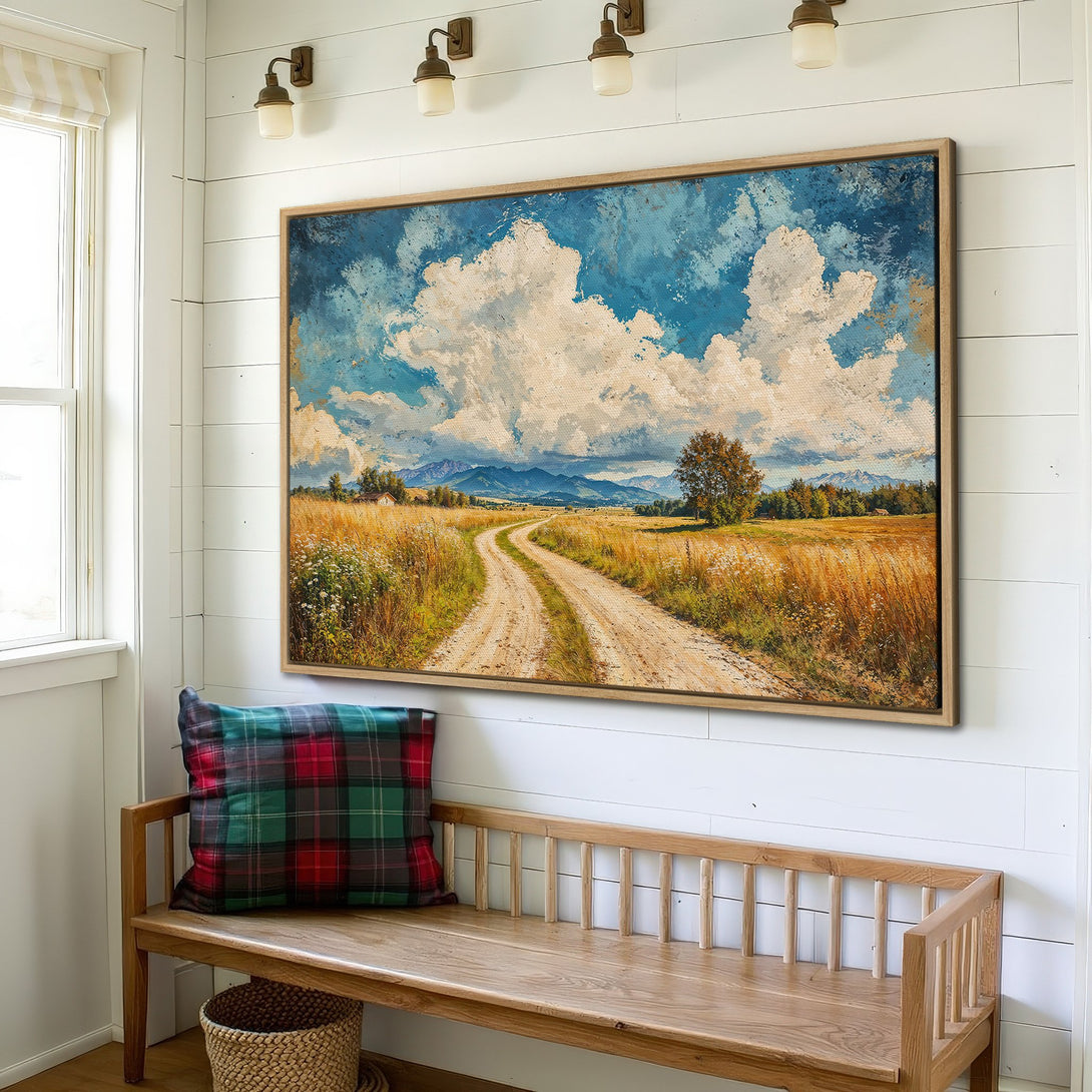 Framed Wall Art: Landscape painting of a dirt road, blue sky, and golden fields. Rustic style with warm, earthy tones. Perfect for home decor.