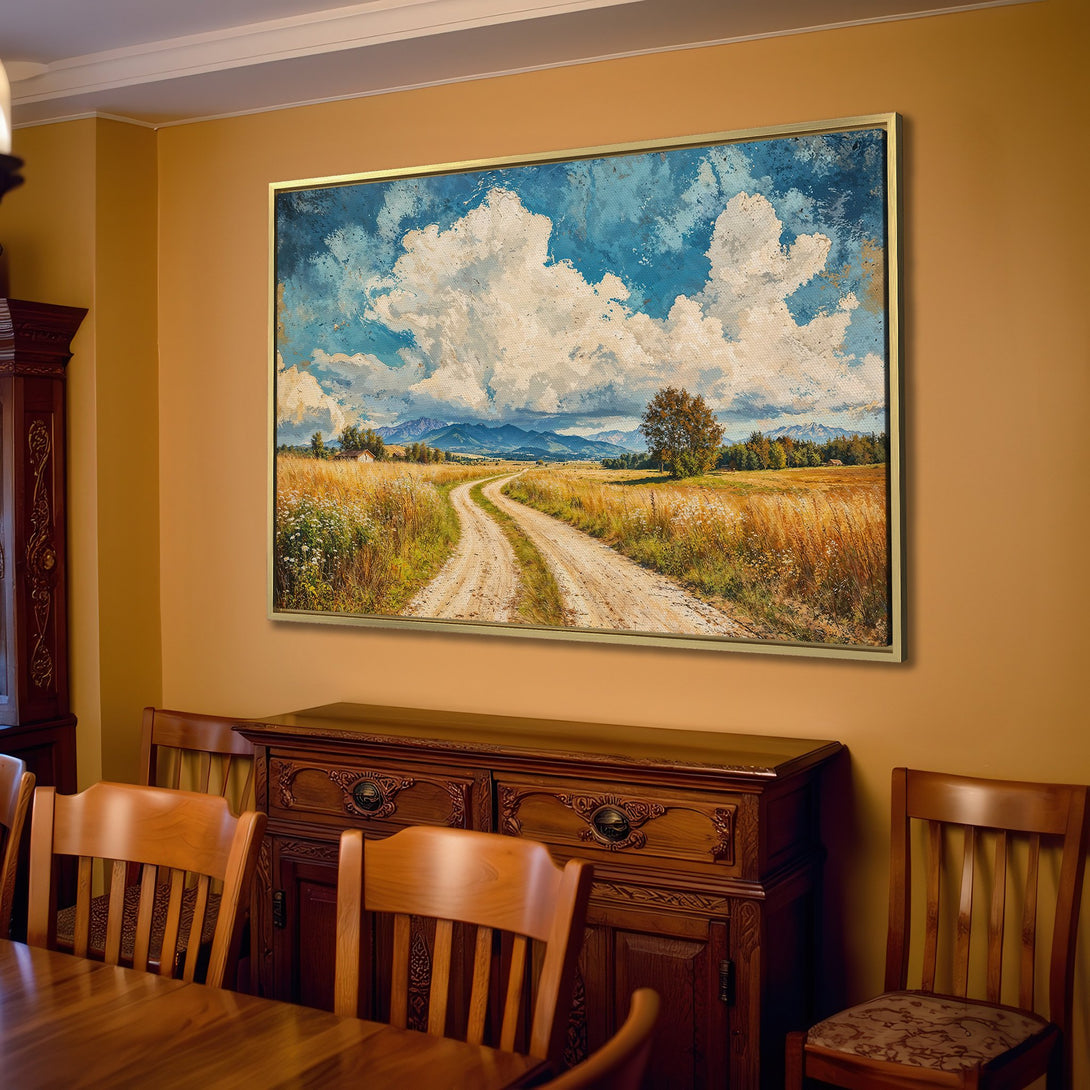 Canvas Print of a scenic countryside landscape. Warm, earthy tones with blue sky. Rustic style wall art for living room decor.
