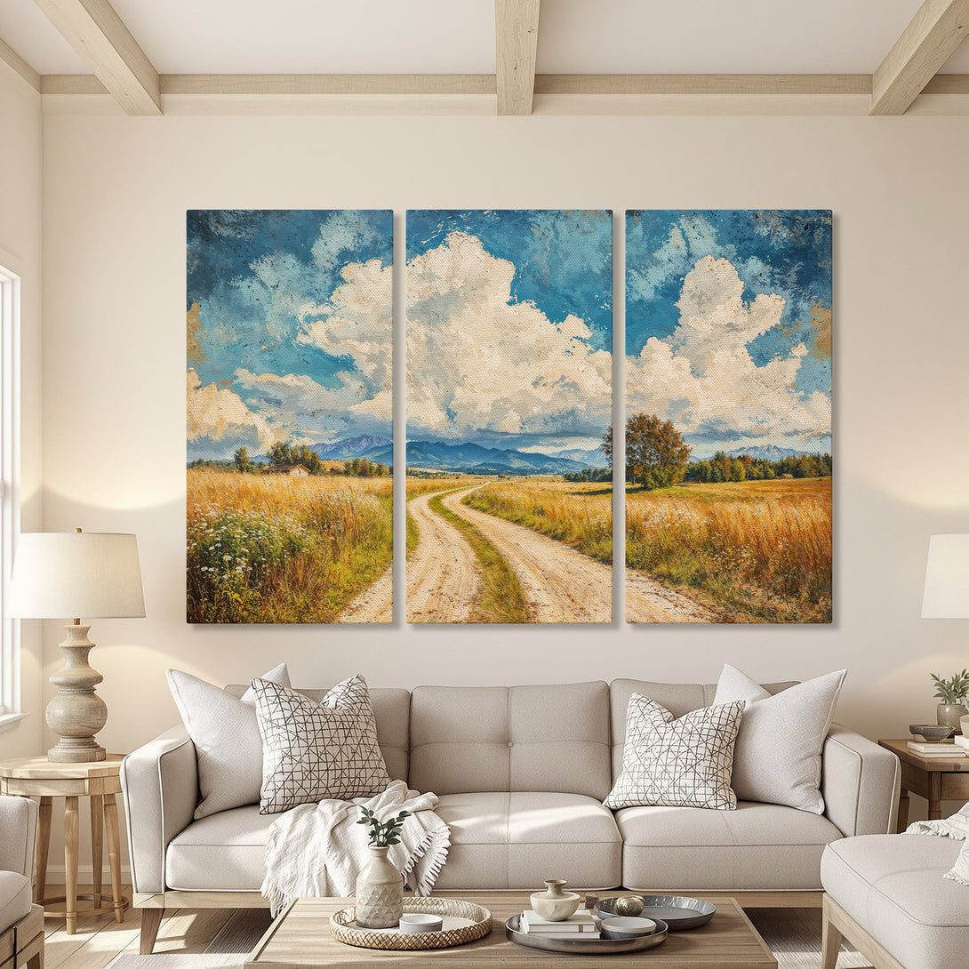 Canvas Print of a serene landscape painting with blue sky, clouds, and a winding road. Warm, earthy tones create a calming, rustic vibe.