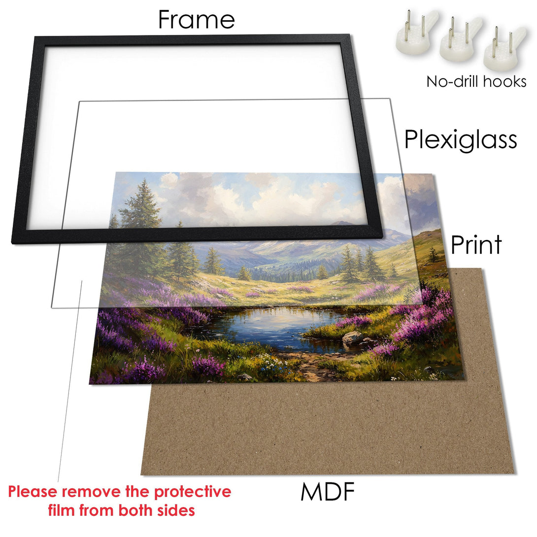 Framed Poster of a serene landscape painting in a vibrant color palette. Perfect art for your home!