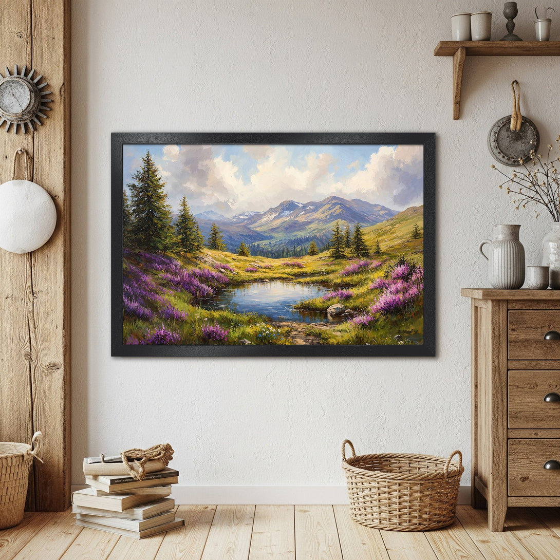 Framed Poster of a serene mountain landscape painting in a rustic style with a vibrant color palette. Perfect wall art!