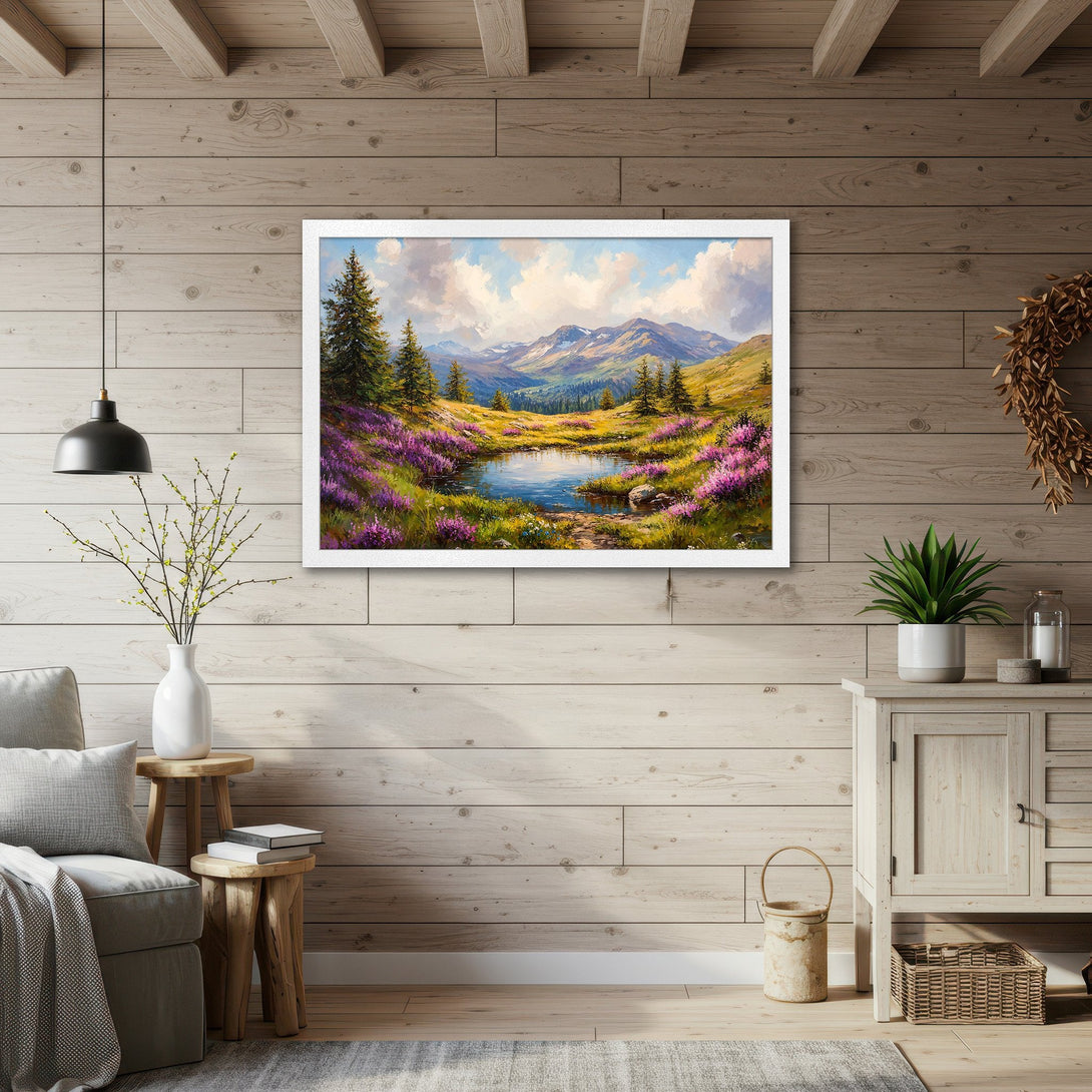 Framed Poster of a mountain landscape in a vibrant, impressionistic style with a blue, green, and purple color palette.