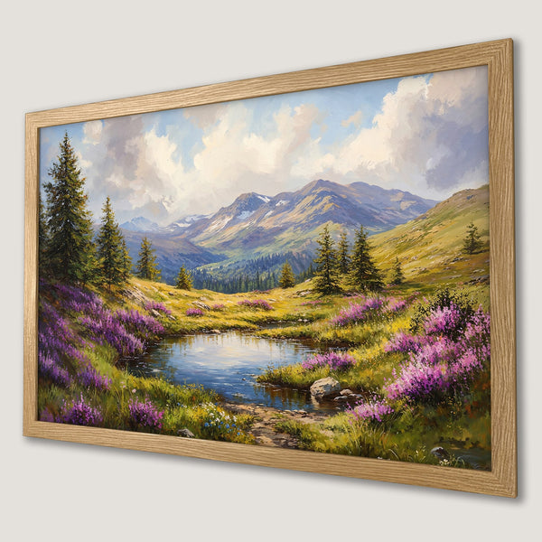 Framed Poster of a serene mountain landscape in a painterly style with purple and green hues. Add nature to your walls!