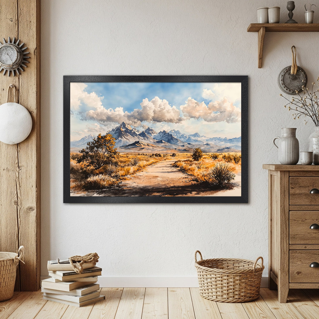 Framed Poster of a watercolor landscape with mountains, road, and clouds. Earthy tones and a rustic style. Perfect wall art!