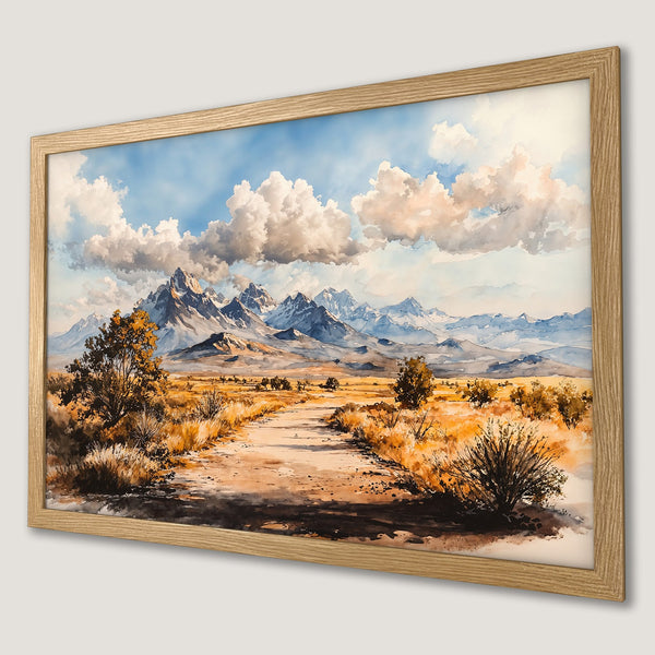 Framed Poster of a watercolor landscape featuring mountains, a road, and a warm color palette. Perfect wall art!