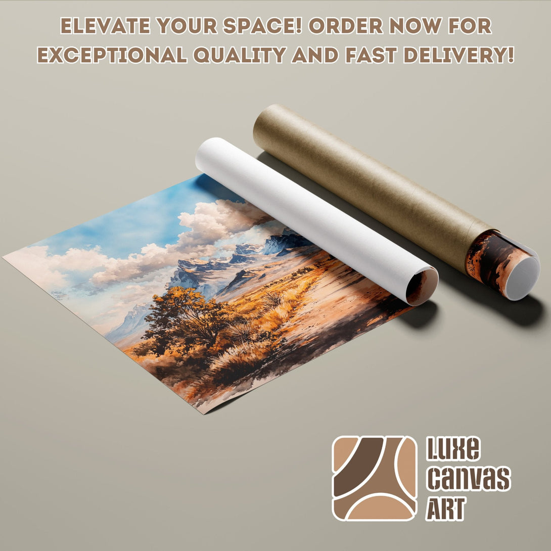 Mountain landscape poster roll in warm tones. Elevate your space with stunning art! Order now!