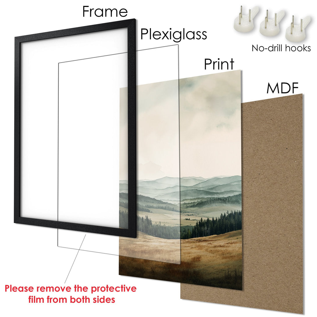 Framed Poster featuring a serene landscape in muted greens and browns. Elevate your home decor with this beautiful art print!