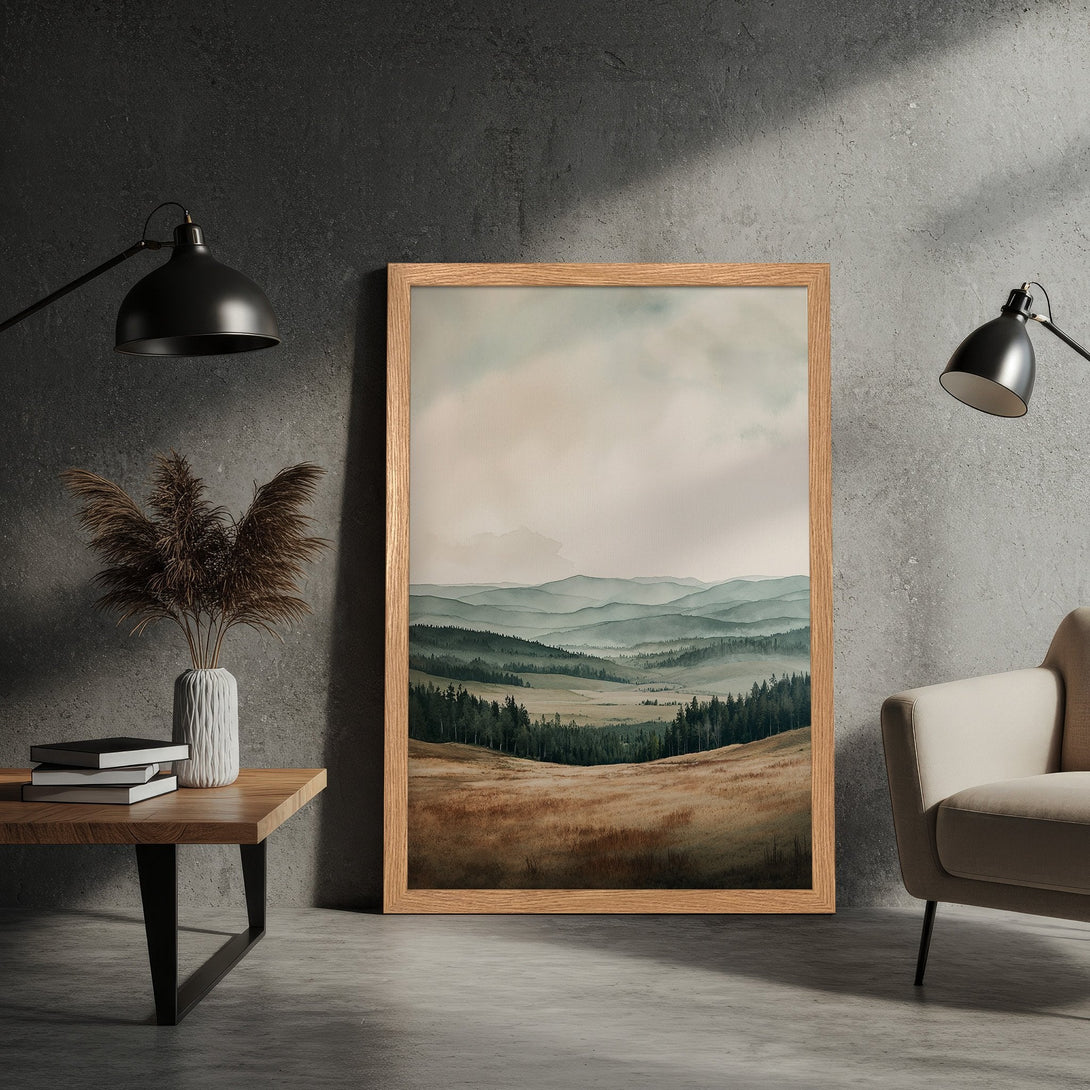 Framed Poster featuring a serene landscape painting in muted greens, browns, and beige tones. Perfect wall art for a calming aesthetic.