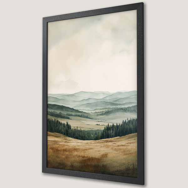Framed Poster of a serene mountain landscape in watercolor style with a muted green and brown color palette. Perfect wall art for any room.
