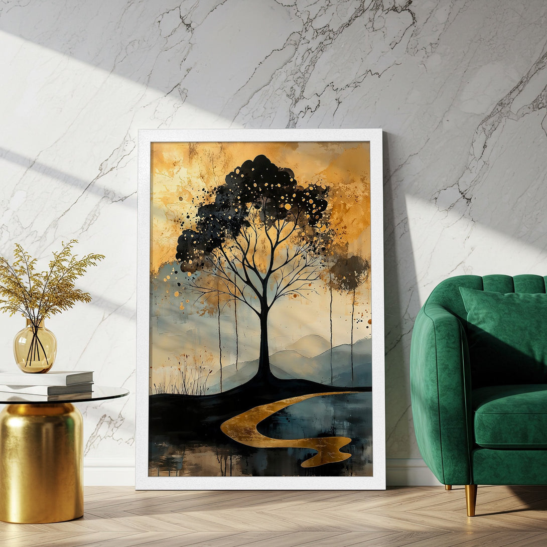 Framed Poster featuring an abstract tree art print in gold, black, and blue hues. Perfect wall decor!