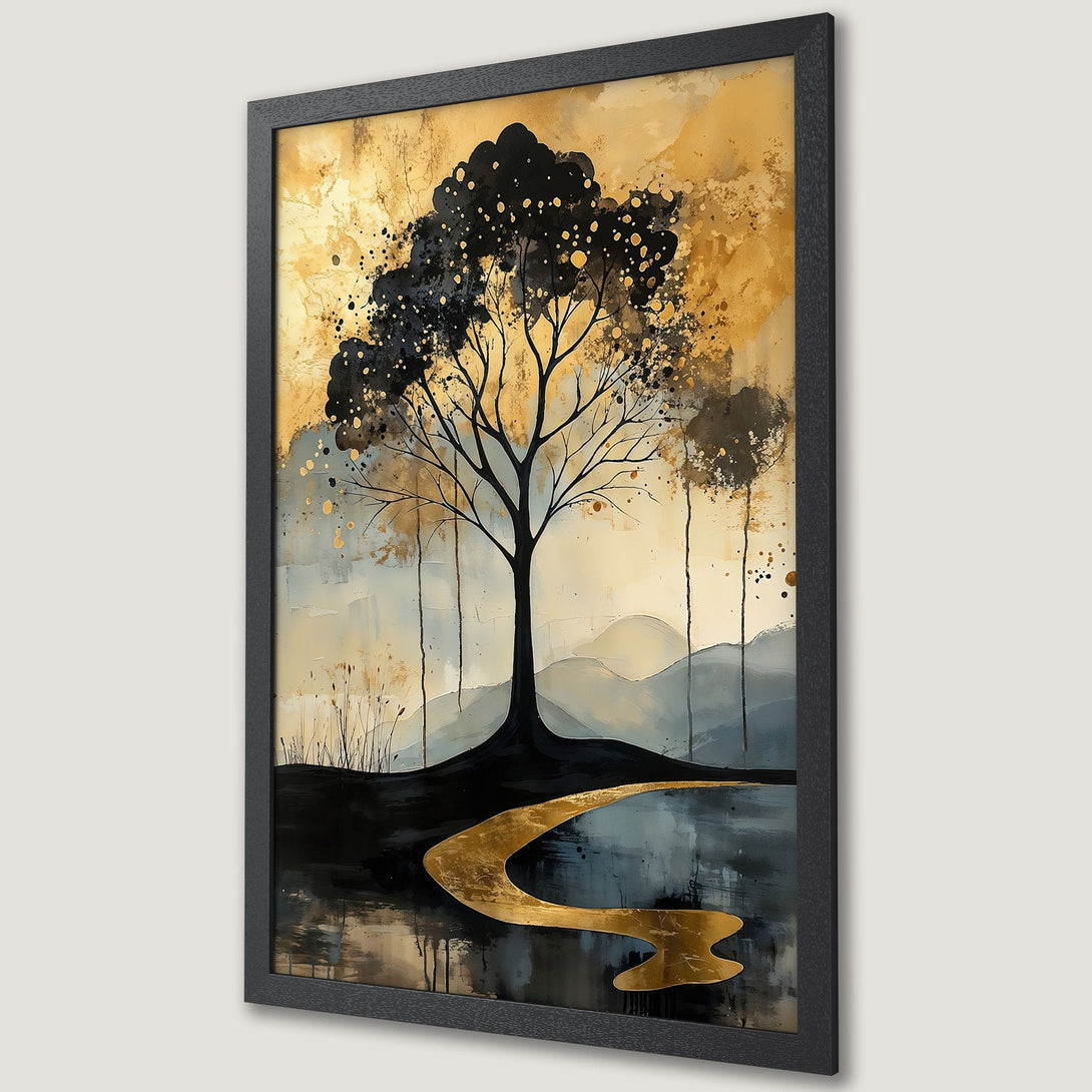Framed Poster featuring an abstract tree painting in black, gold, and neutral tones. Modern art for home decor.