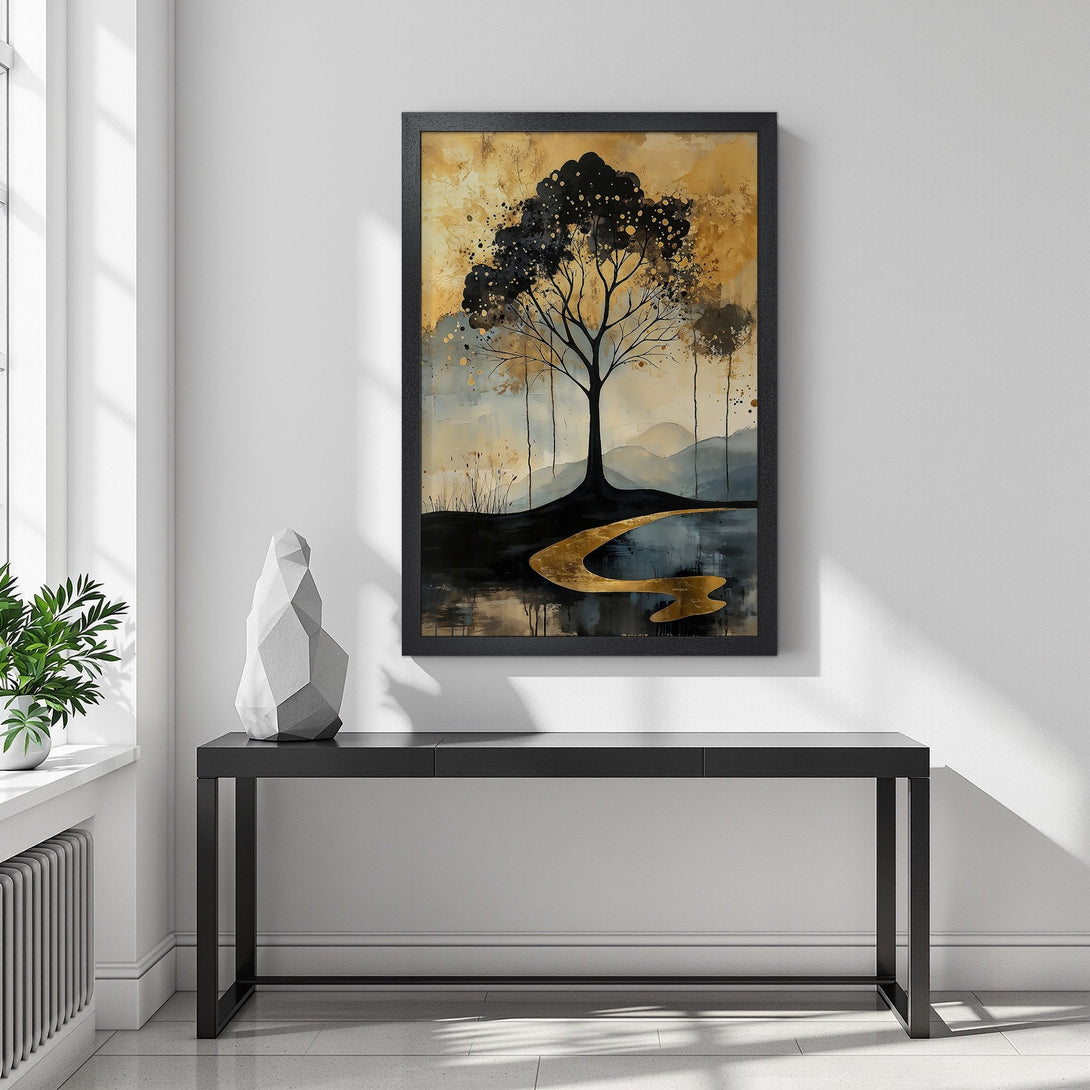 Framed Poster of a tree art print in gold and black. Modern abstract style, perfect wall decor.