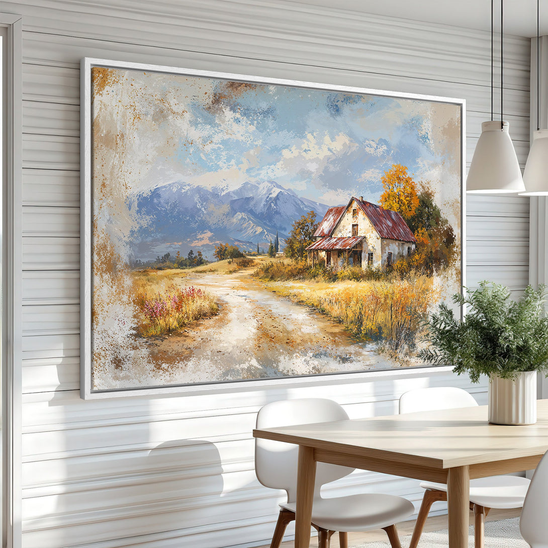 Framed Wall Art: Rustic landscape painting with a farmhouse, mountains, and warm fall colors. Perfect for adding a cozy touch to your home decor.