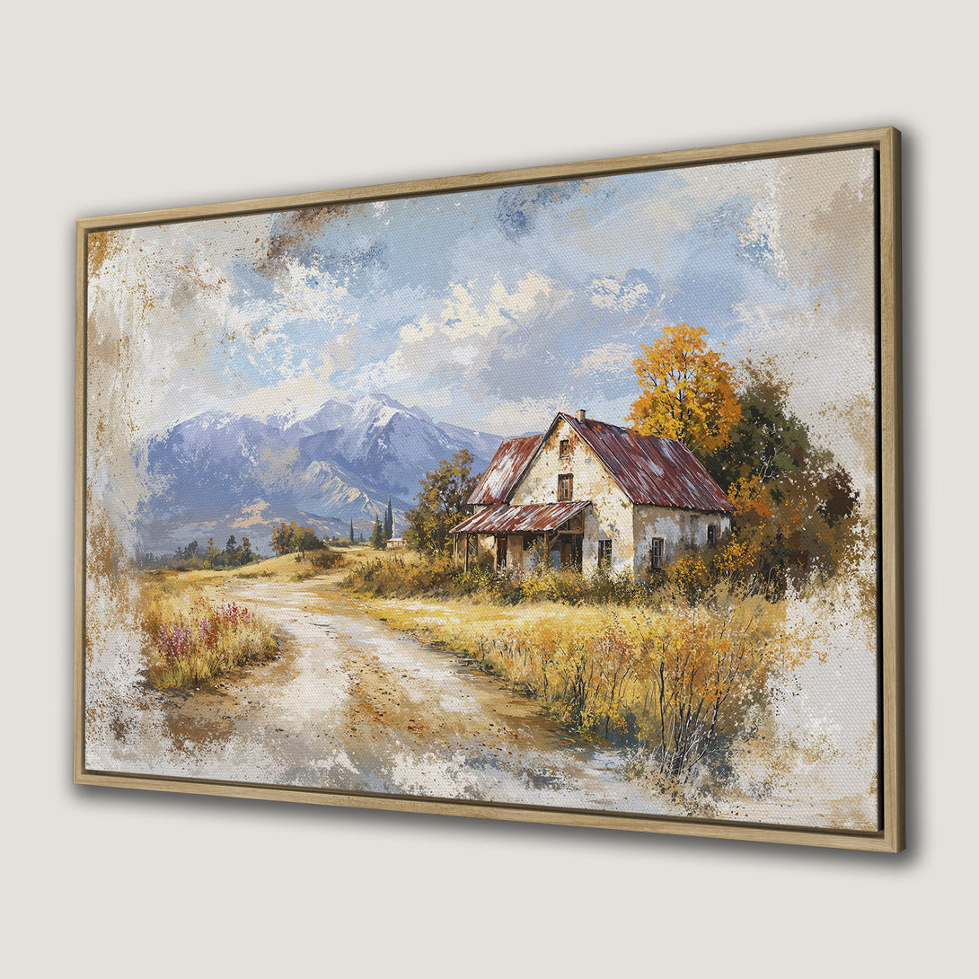 Framed Wall Art: Rustic landscape Canvas Print with a farmhouse, mountains, and a warm, earthy color palette. Perfect for any home decor.